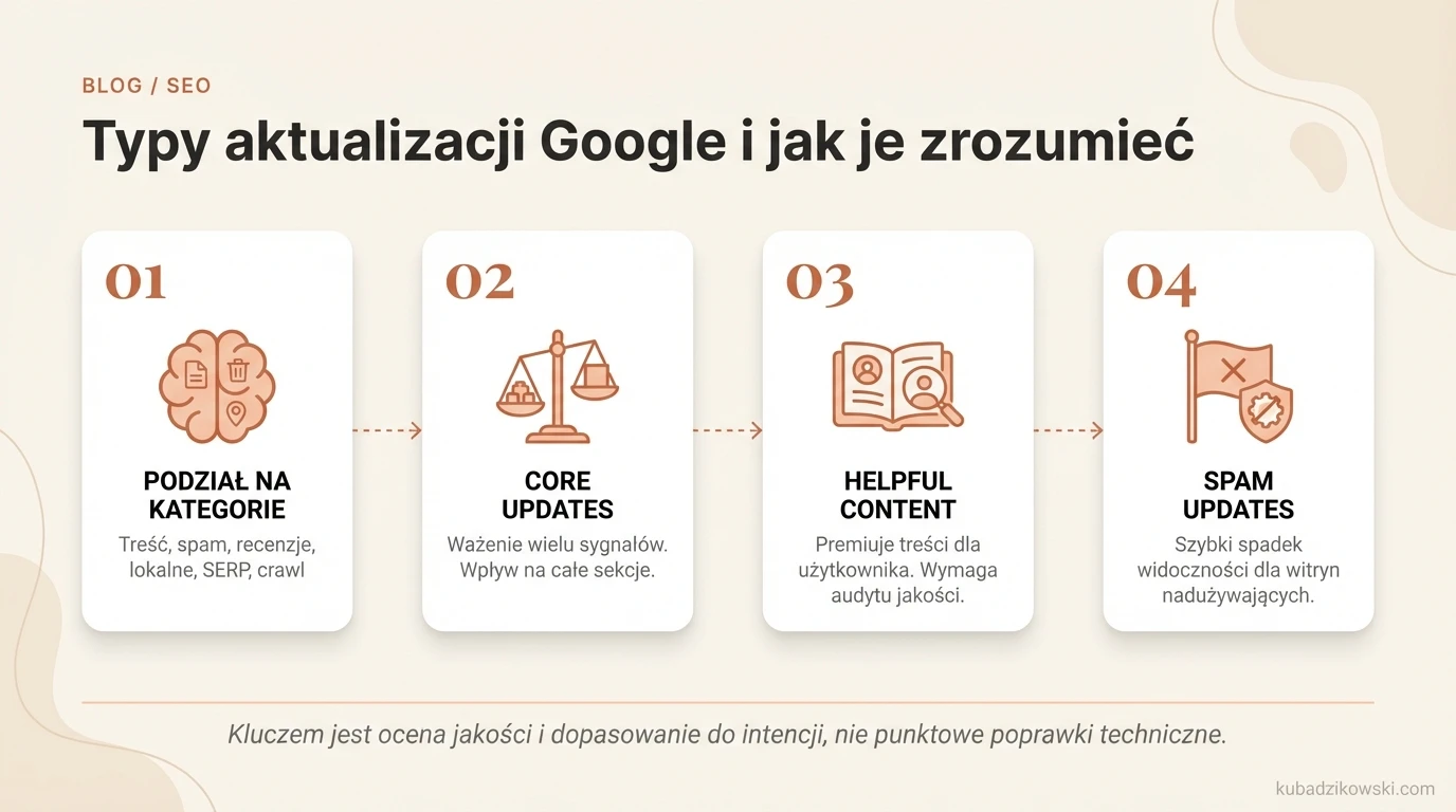 Wizualizacja typów aktualizacji Google: podział na kategorie wpływu (jakość, spam, recenzje, lokalność, SERP, indeksowanie).