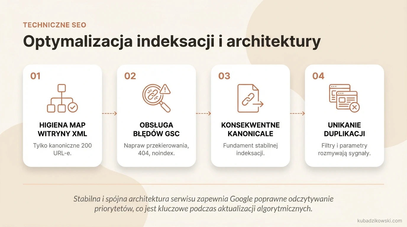 Wizualizacja zasad Technicznego SEO: optymalizacja indeksacji, architektury serwisu, map XML i adresów kanonicznych.