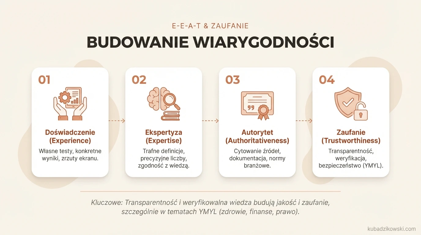 Wizualizacja zasad E-E-A-T: doświadczenie, ekspertyza i transparentność w budowaniu wiarygodności, szczególnie dla YMYL.