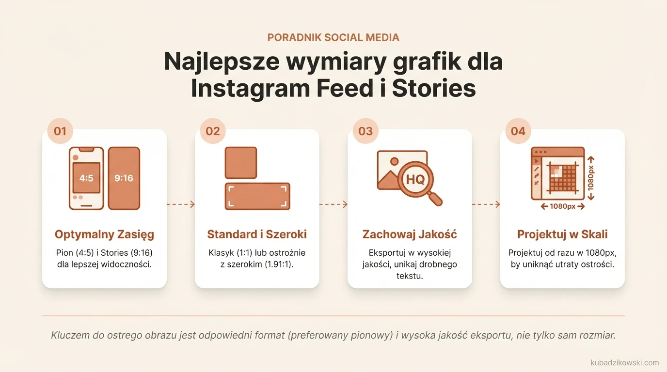 Wizualizacja optymalnych wymiarów grafik dla postów (1080x1350 px, 4:5) i Stories (1080x1920 px, 9:16) na Instagramie.