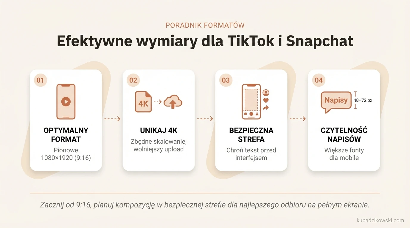 Wyjaśnienie optymalnych wymiarów wideo dla TikTok i Snapchat: 1080x1920 px (9:16) pionowo. 4K zbędne.