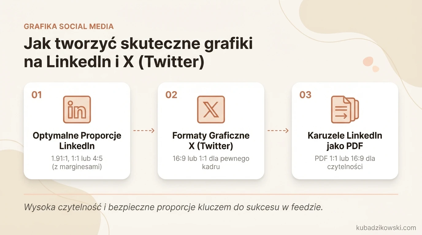 Wymiary grafik LinkedIn/X dla maksymalnej czytelności. Optymalne proporcje: 1200x627, 1080x1080, 1080x1350 px.