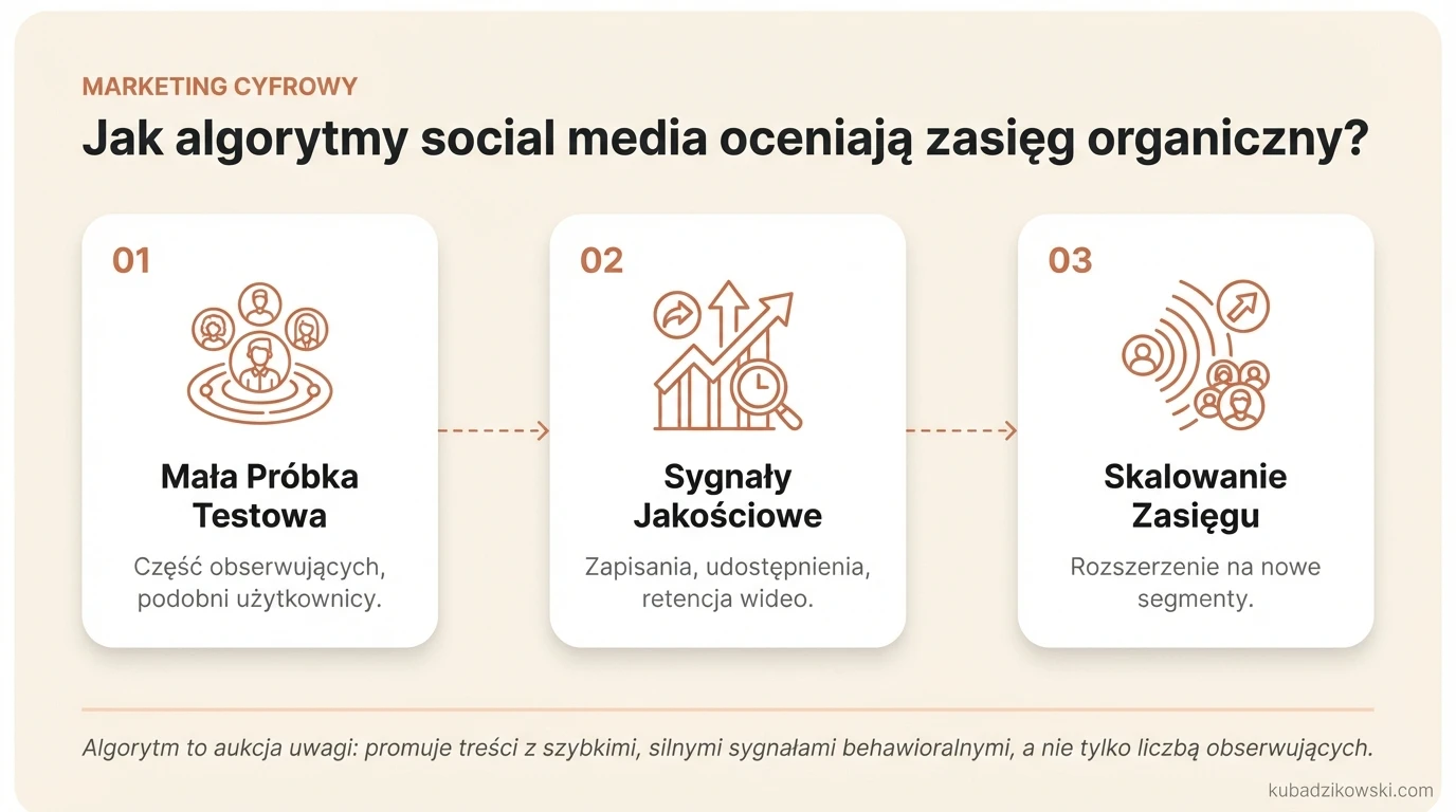 Wizualizacja algorytmu SM: Posty trafiają do testowej próbki odbiorców, a zasięg rośnie z szybkim zaangażowaniem.