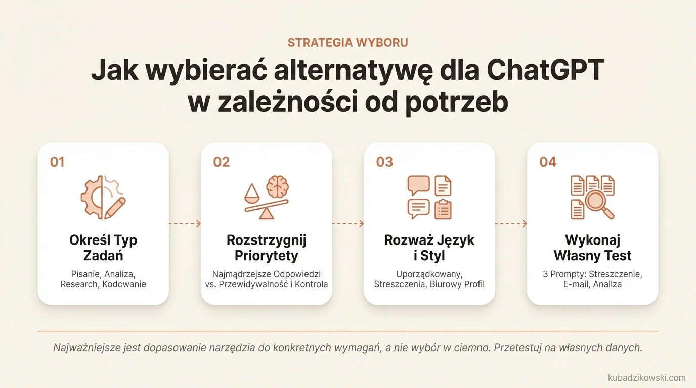 Infografika: jak wybrać AI alternatywne dla ChatGPT, uwzględniając typ zadań (pisanie, kodowanie, research) i priorytety.