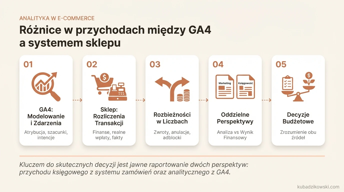 Wizualizacja różnic w przychodach między GA4 (atrybucja) a systemem sklepowym (rozliczenia), uwzględniająca zwroty i anulacje.