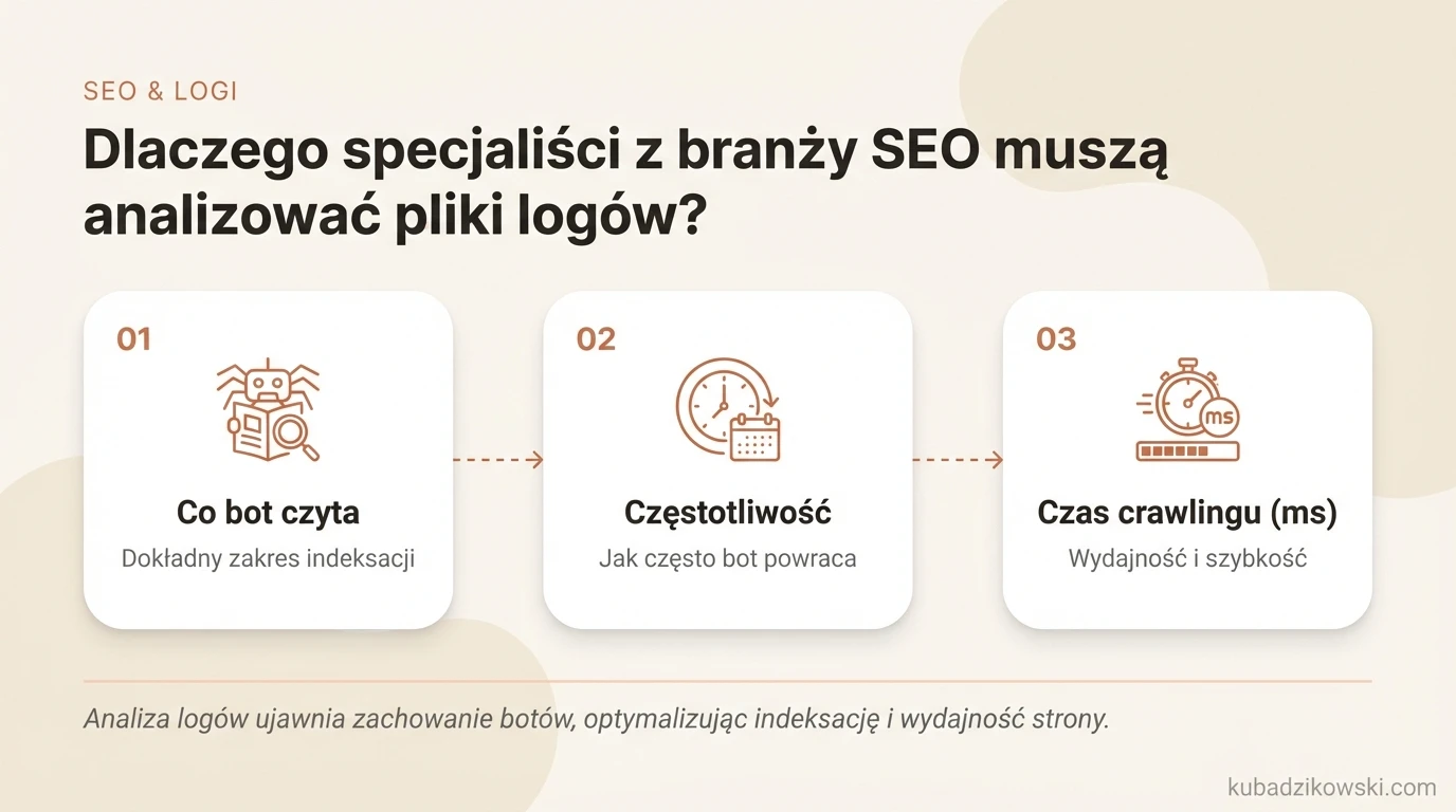 Infografika wyjaśniająca, dlaczego specjaliści SEO powinni analizować pliki logów i jak narzędzia grupują dane.