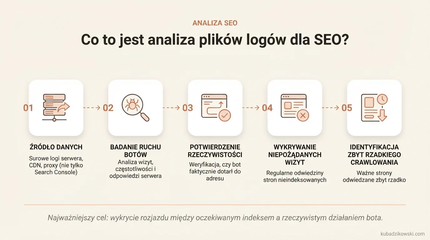 Analiza logów serwera dla SEO: ruch botów, odwiedzane URL-e, częstotliwość i odpowiedzi serwera.