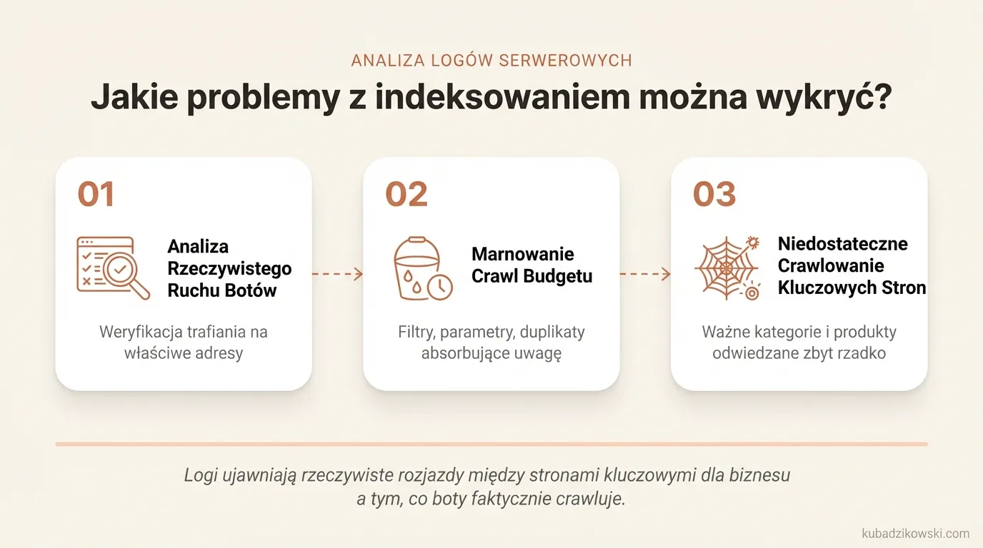 Infografika: Analiza logów botów wykrywa problemy z indeksowaniem, widać adresy, powroty i odpowiedzi.