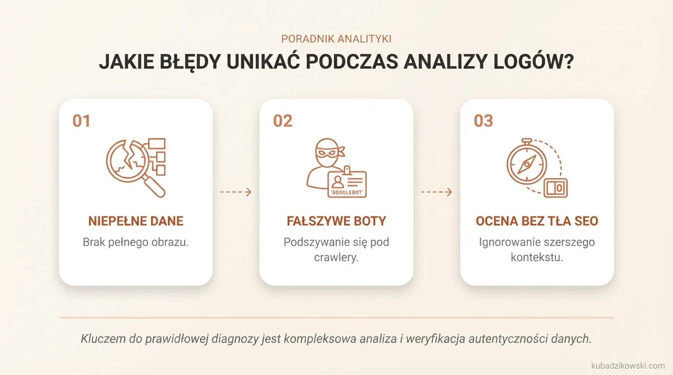 Infografika: Pułapki w analizie logów, m.in. niepełne dane, mylne boty i brak kontekstu SEO.