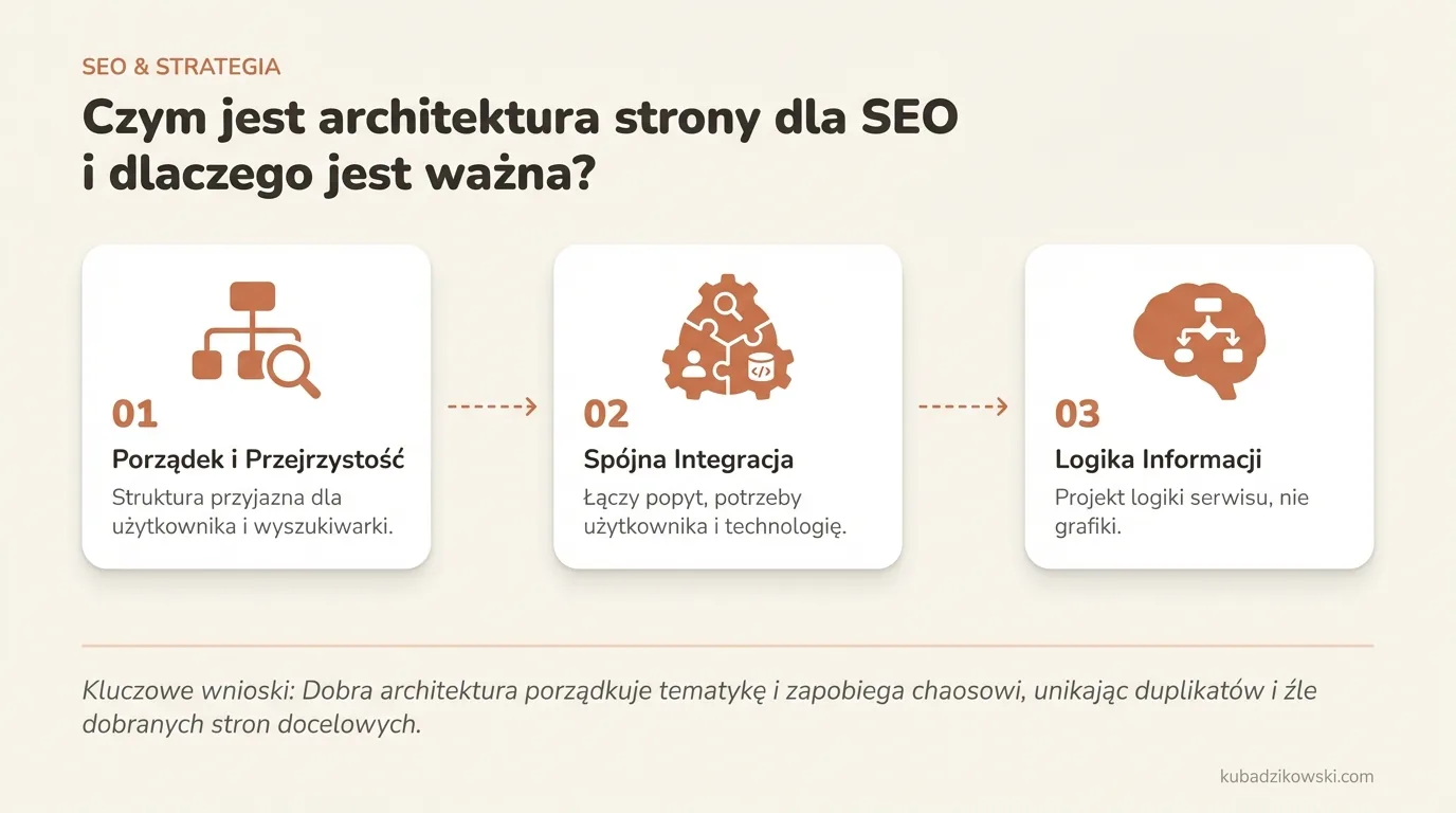 Wizualizacja architektury strony dla SEO: organizacja podstron, URL, nawigacji i linkowania wewnętrznego dla użytkowników i wyszukiwarek.