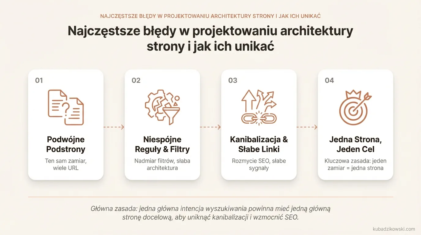 Infografika: 4 najczęstsze błędy w architekturze strony, np. duplikacja treści, niespójne URL, nadmierne filtrowanie, złe dopasowanie.