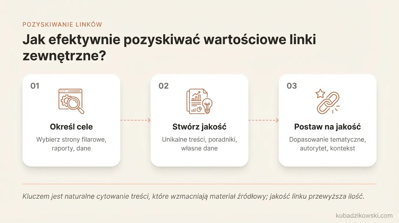 Wizualizacja strategii zdobywania wartościowych linków zwrotnych: tworzenie treści godnych cytowania i jakość ponad ilość.