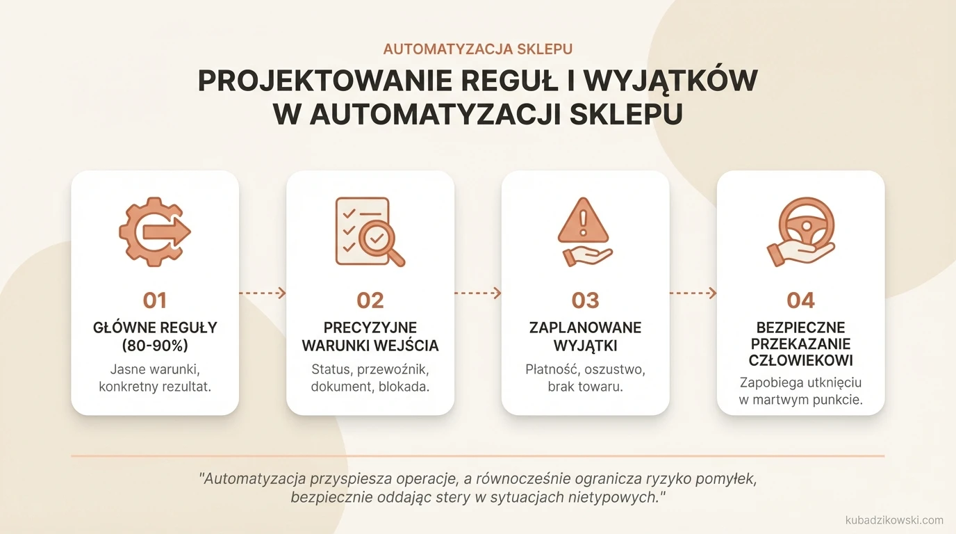 Infografika o projektowaniu reguł i wyjątków w automatyzacji sklepu: 80-90% zamówień automatycznie, reszta z udziałem człowieka.