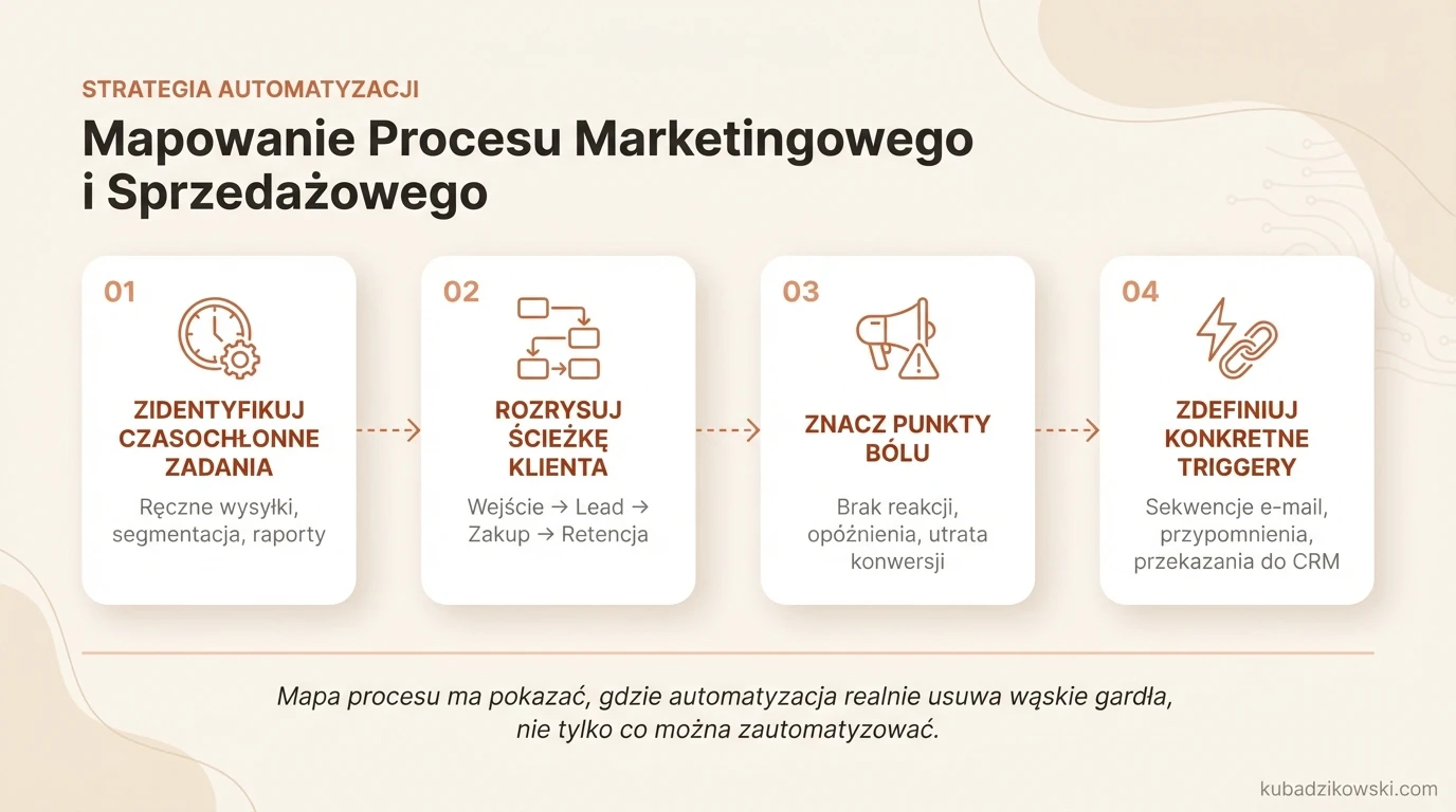 Infografika przedstawia mapowanie procesu marketingowo-sprzedażowego, wskazując punkty automatyzacji i czasochłonne czynności.