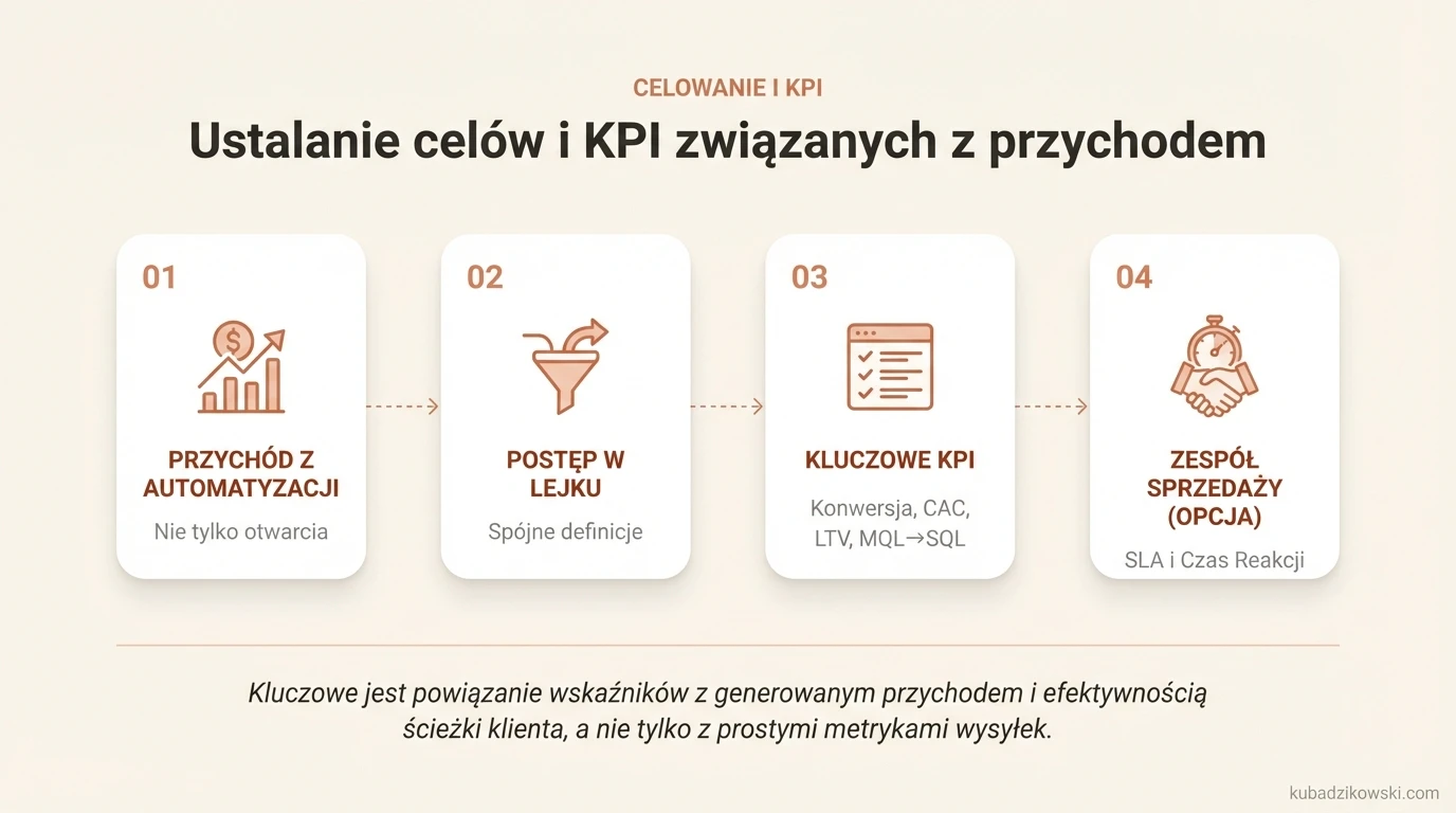 Infografika: Jak ustalić cele i KPI automatyzacji marketingu, aby powiązać je z przychodem i śledzić ruch w lejku.