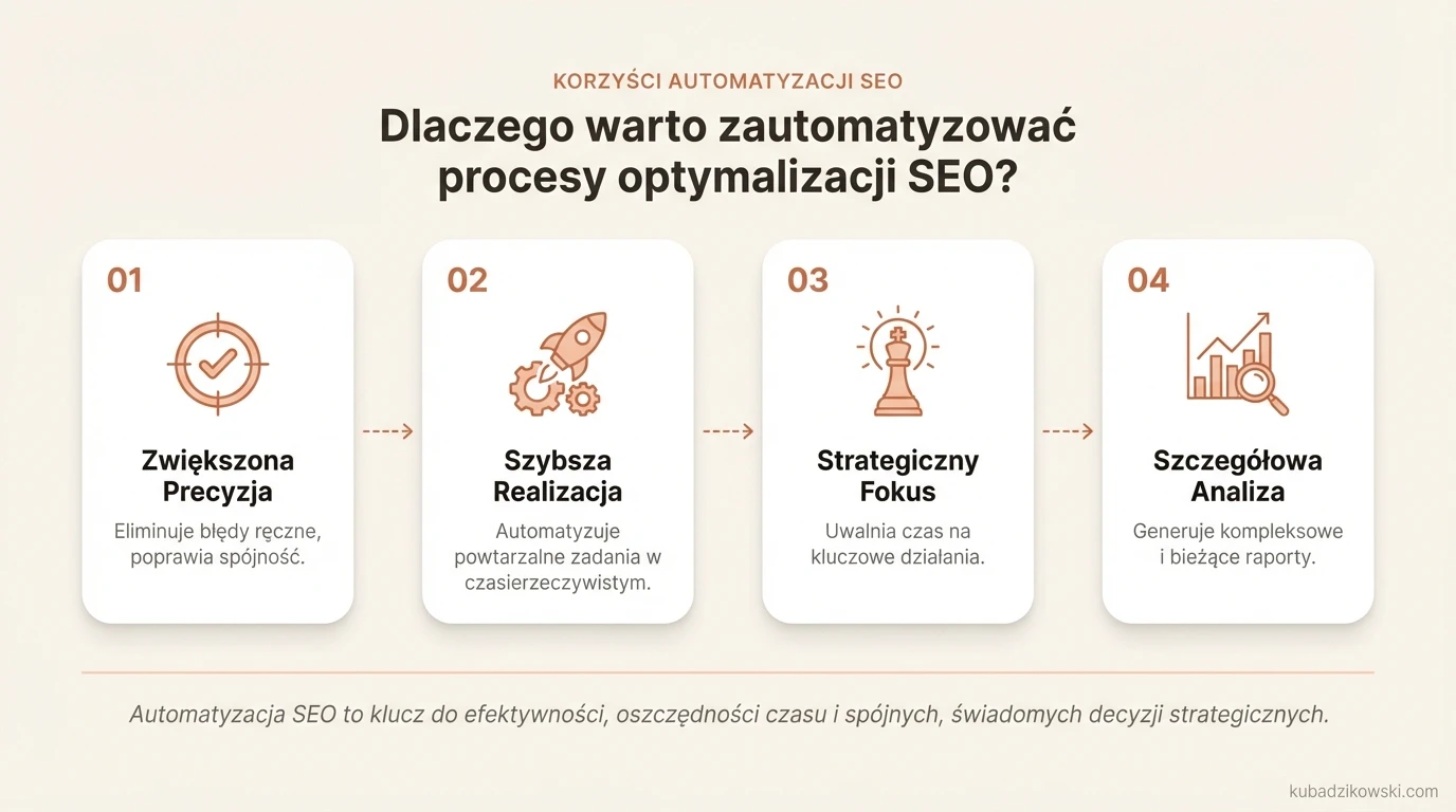 Wizualizacja korzyści automatyzacji SEO: większa precyzja, spójność i oszczędność czasu.