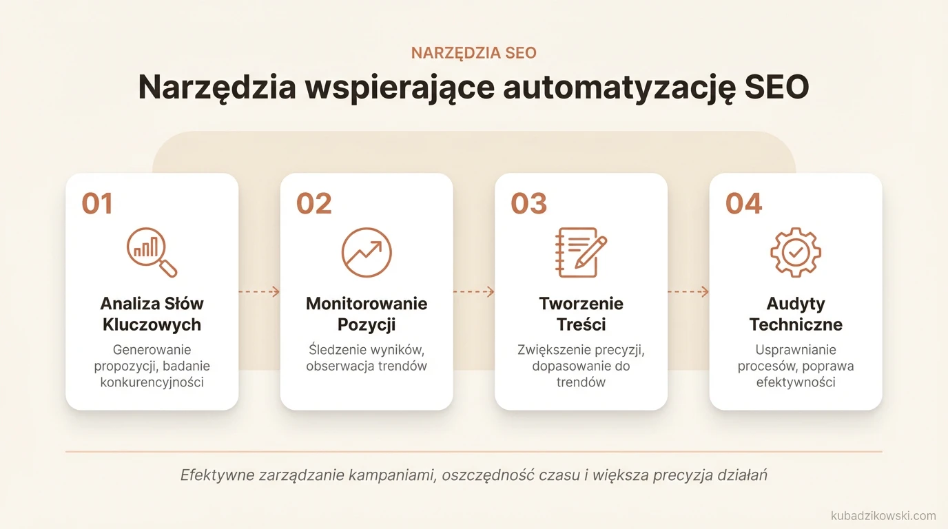 Infografika przedstawia narzędzia do automatyzacji SEO, usprawniające optymalizację, oszczędzające czas i zwiększające precyzję.