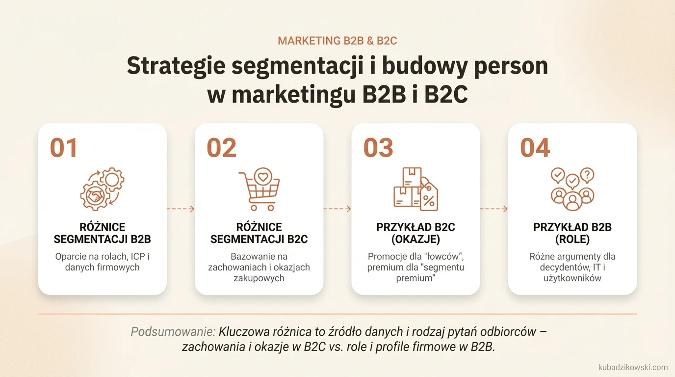 Infografika o różnicach w segmentacji i personach B2B vs B2C. Skupia się na danych, pytaniach i zachowaniach zakupowych (B2C).