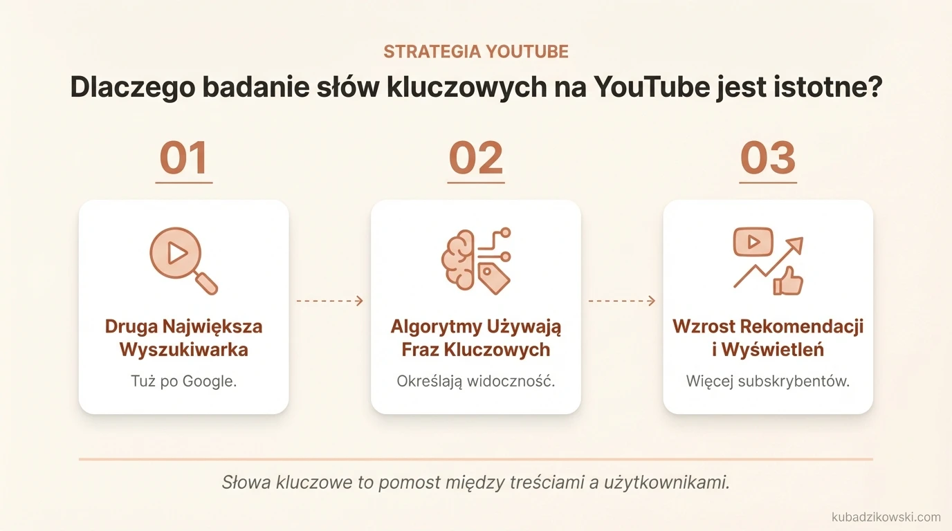 Wizualizacja znaczenia badania słów kluczowych na YouTube dla widoczności i sukcesu filmów.