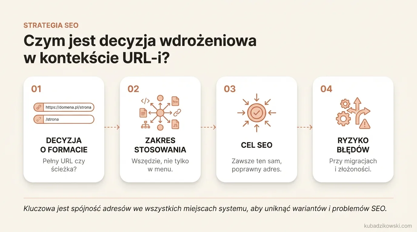 Infografika objaśnia decyzję o tworzeniu adresów URL: pełne z domeną czy ścieżki względne, dla linków, sitemap itp.