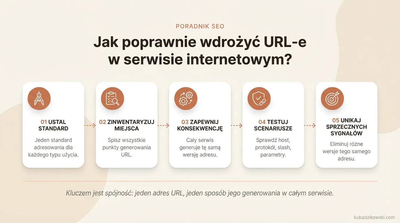Infografika: Wdrażanie URL-i w serwisie. Standardy, spójność i miejsca ich generowania: menu, paginacja, linki, canonical.