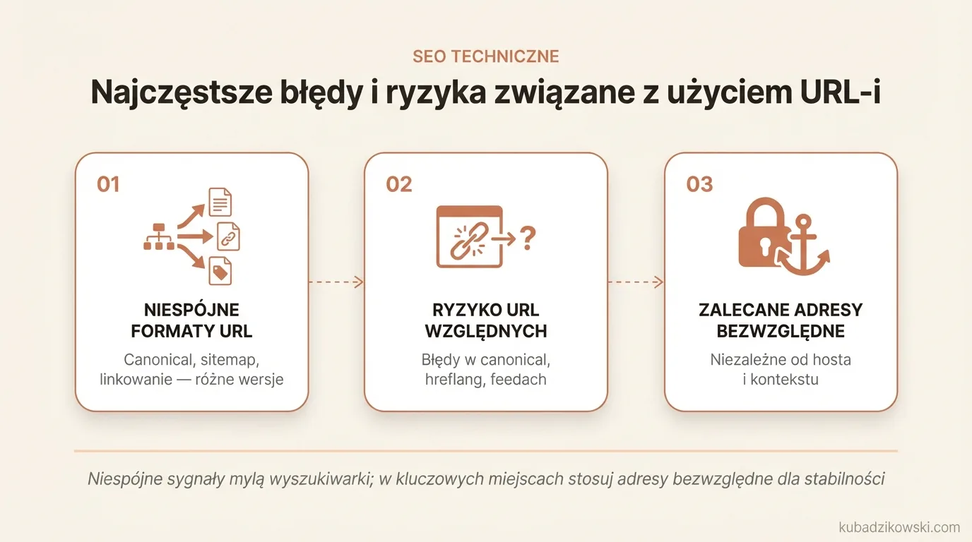 Infografika: Niespójne formaty URL (canonical, sitemap, linki wewnętrzne) jako źródło częstych błędów i ryzyk.