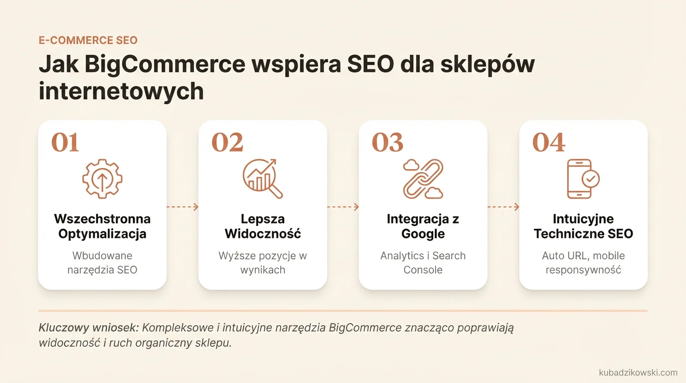 Infografika: BigCommerce wspiera SEO sklepów online. Wizualizuje wbudowane narzędzia optymalizacji i wzrost ruchu.