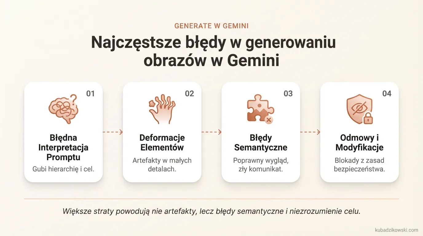 Infografika: 5 częstych błędów generowania obrazów w Gemini: błędna interpretacja, deformacje, tekst, kompozycja, odmowy AI.