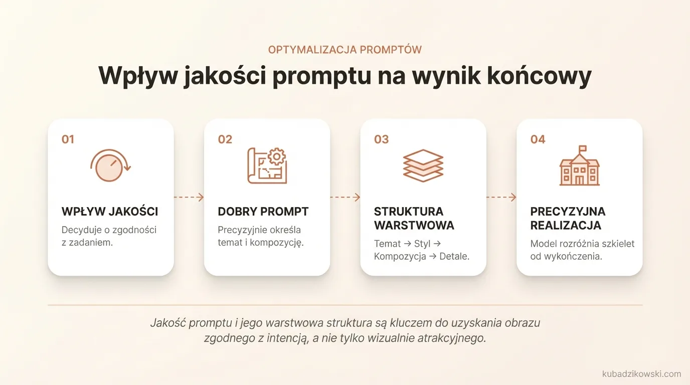 Infografika: Wpływ precyzyjnych promptów na trafne obrazy AI (Gemini) a luźnych, prowadzących do rozbieżności.