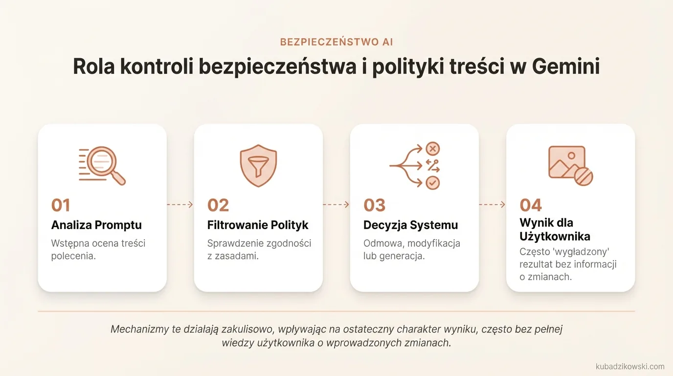 Infografika: jak kontrola bezpieczeństwa i polityki treści Gemini wpływa na generowanie obrazów (akceptacja, modyfikacja, odmowa).