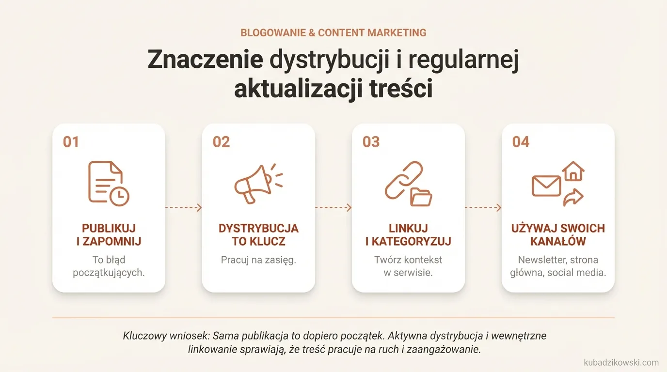 Infografika podkreśla, że dystrybucja i regularne aktualizacje treści napędzają ruch i zaangażowanie na blogu.