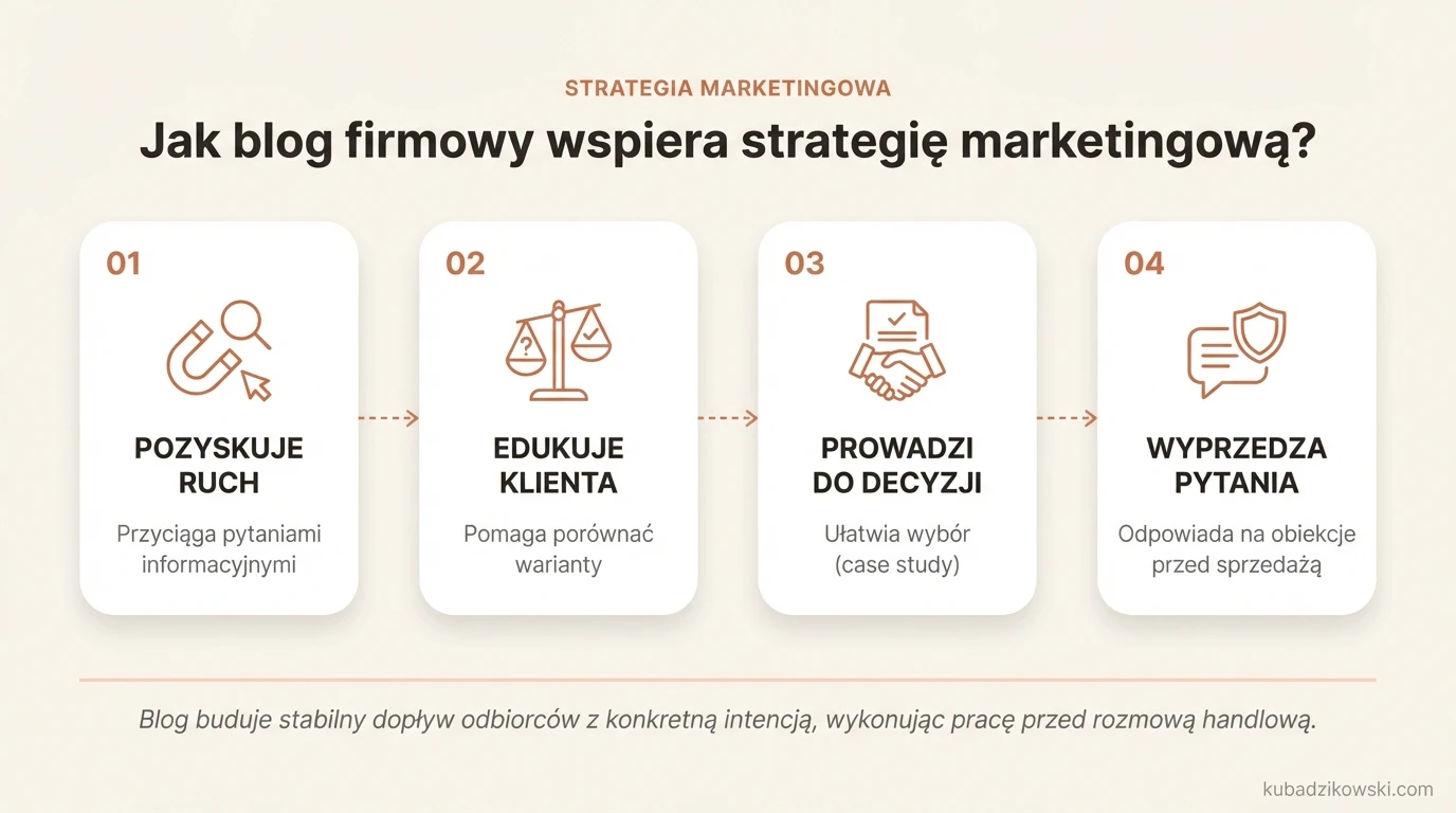 Infografika: Blog firmowy jako lejek marketingowy. Pozyskuje ruch, edukuje, prowadzi do kolejnego kroku, od góry (info) do środka (porównanie).
