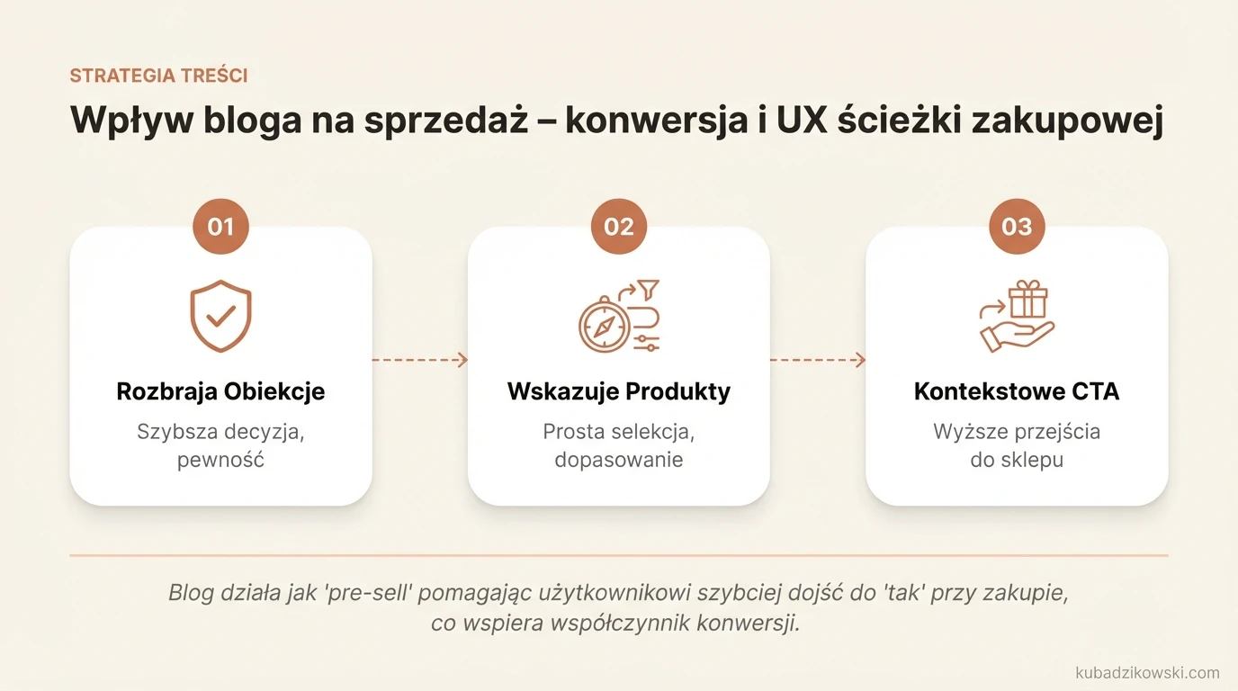 Infografika: Blog jako pre-sell w e-commerce. Rozwiewa obiekcje, skraca ścieżkę zakupową, zwiększa konwersję i poprawia UX.