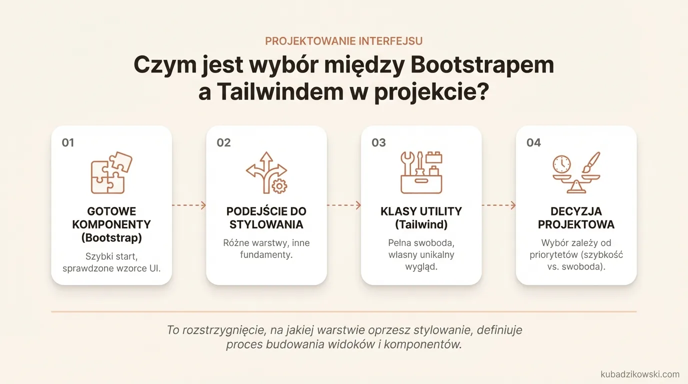 Porównanie Bootstrapa (gotowe UI) i Tailwinda (klasy utility do tworzenia własnego stylu).