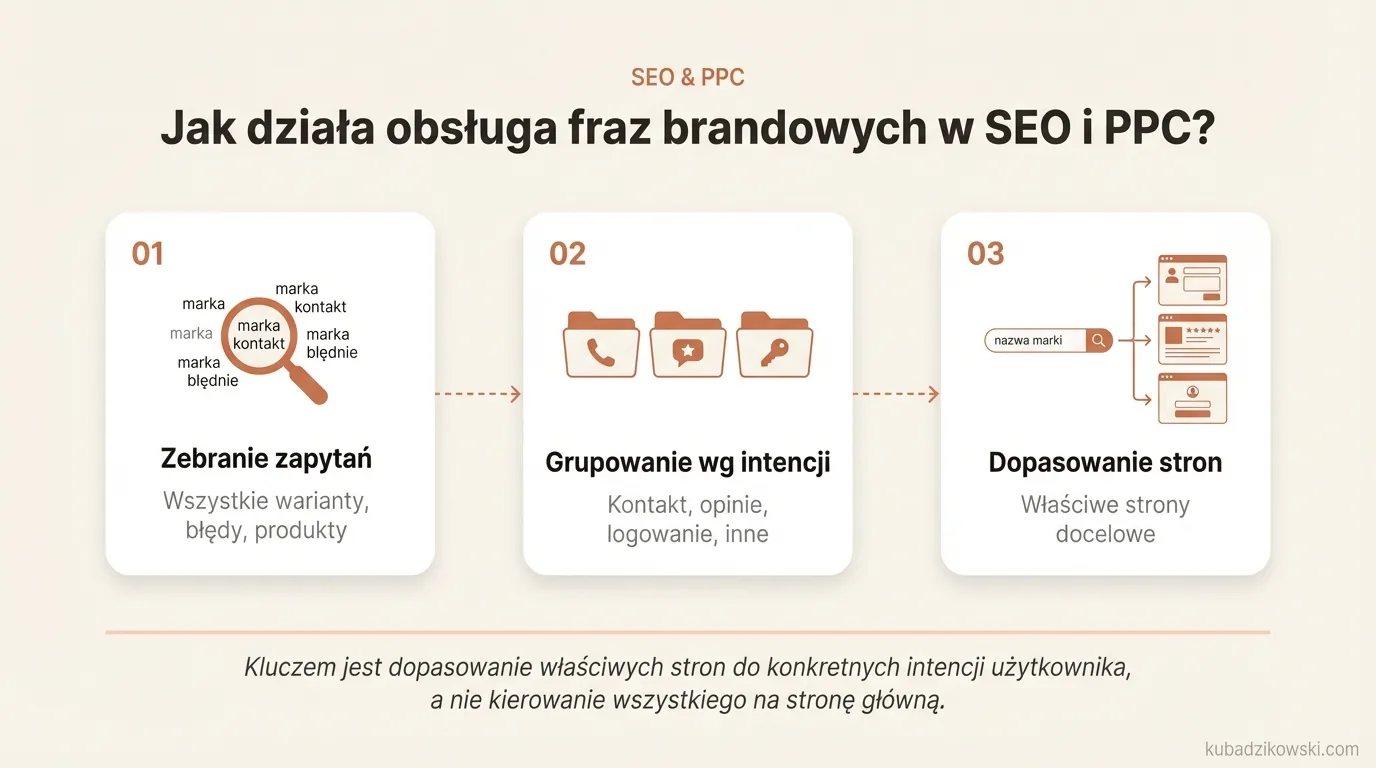 Infografika: Proces obsługi fraz brandowych w SEO i PPC – od zbierania zapytań po dopasowanie treści i reklam do intencji użytkownika.