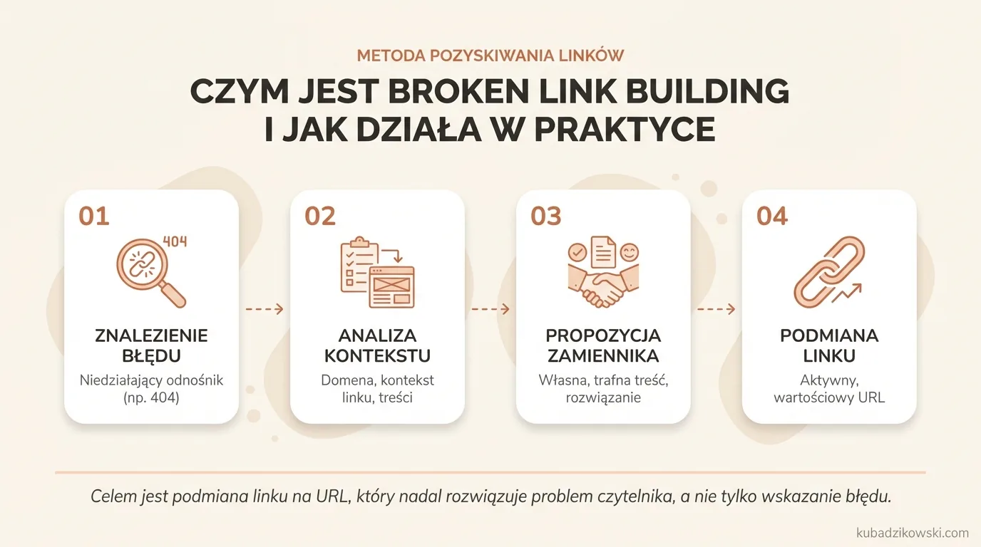 Wizualizacja broken link buildingu: schemat wyszukiwania niedziałających linków i oferowania ich zamienników.