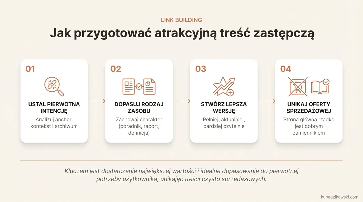 Infografika: kluczowe cechy skutecznej treści zastępczej. Musi być pełna, aktualna i idealnie dopasowana do kontekstu linku.