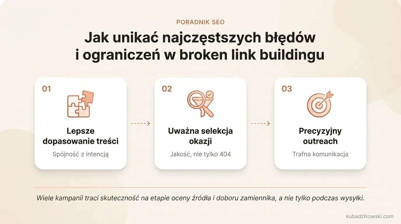 Infografika: Jak unikać błędów w broken link buildingu – lepsze dopasowanie, selekcja, precyzyjny outreach.