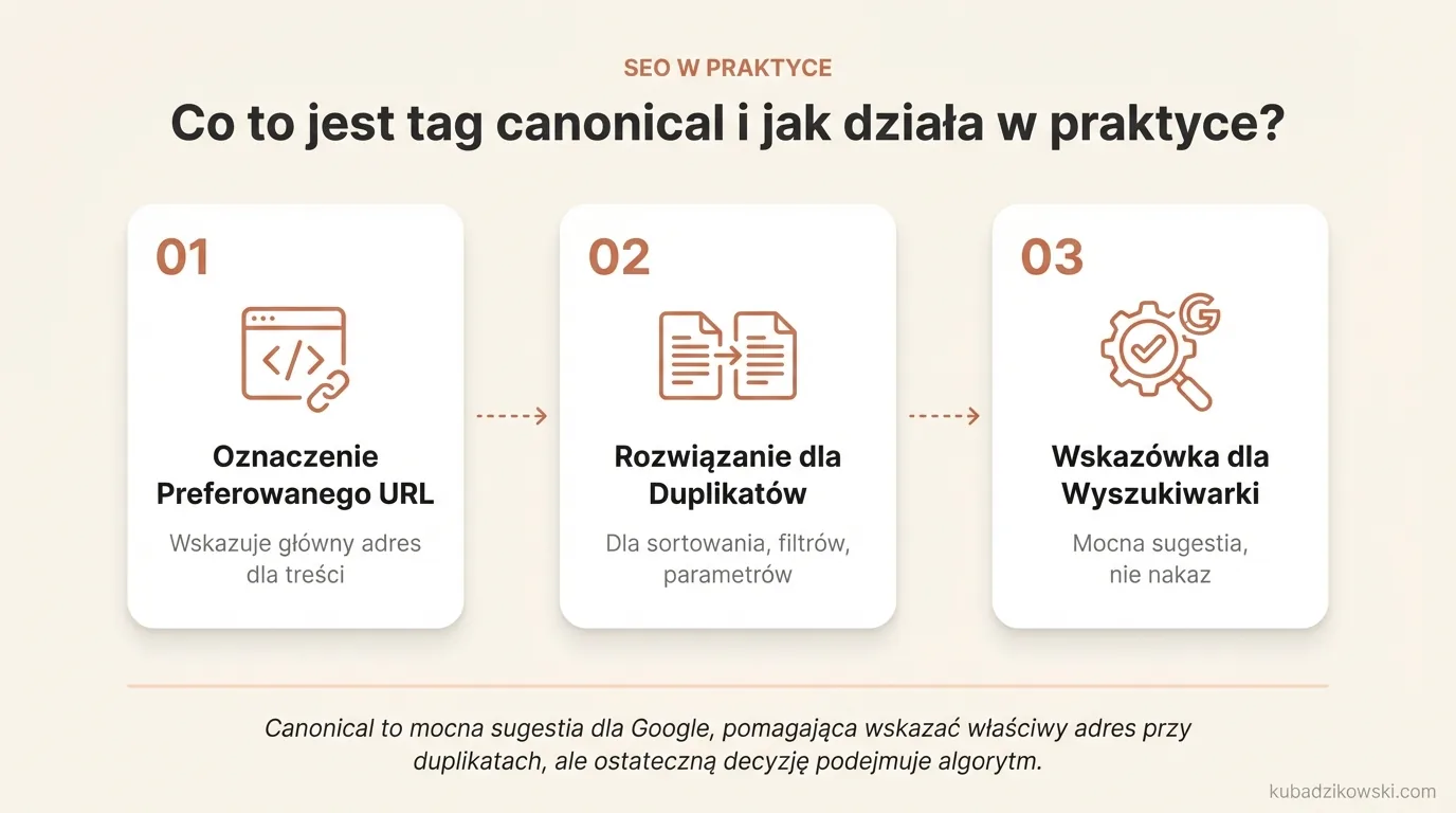 Infografika wyjaśnia tag canonical: definicja, działanie i zastosowanie do wskazywania preferowanego adresu URL treści.