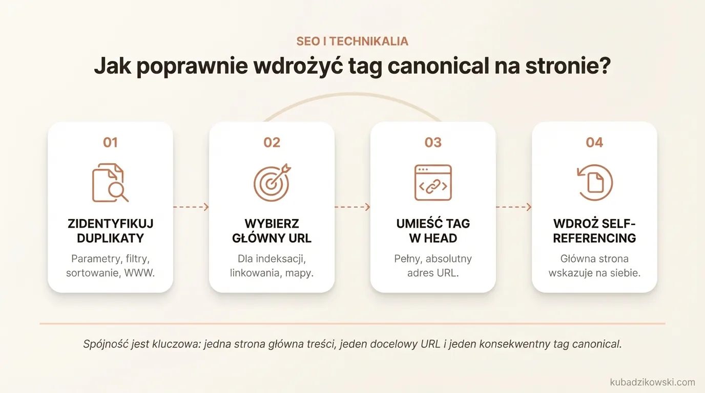 Wdrożenie tagu canonical: wskazówki, jak grupy podobnych URL-i (parametry, filtry, UTM) mają kierować do jednej wersji głównej.