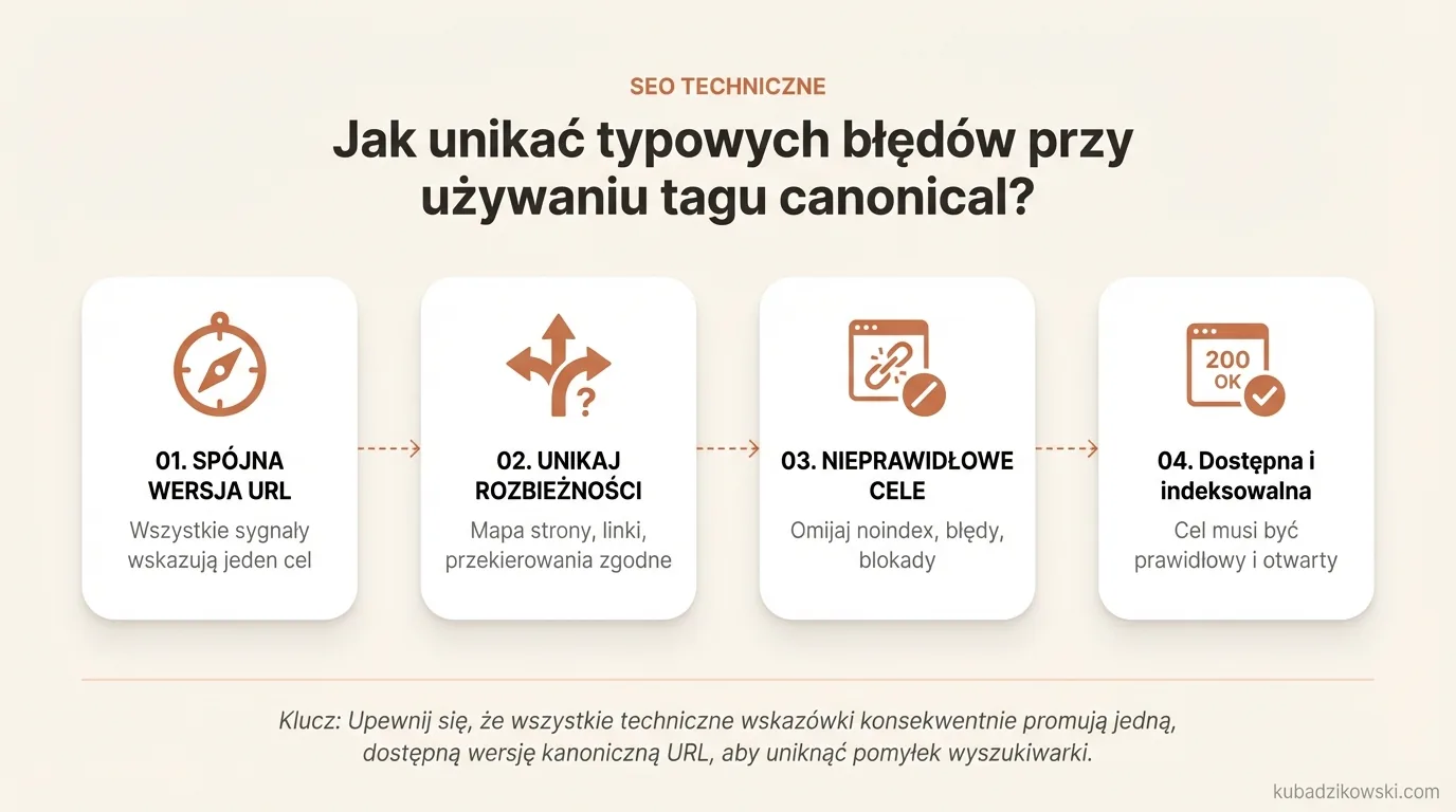 Infografika: Unikaj błędów canonical, trzymając się spójnego URL i jednolitego przekazu dla wyszukiwarek.
