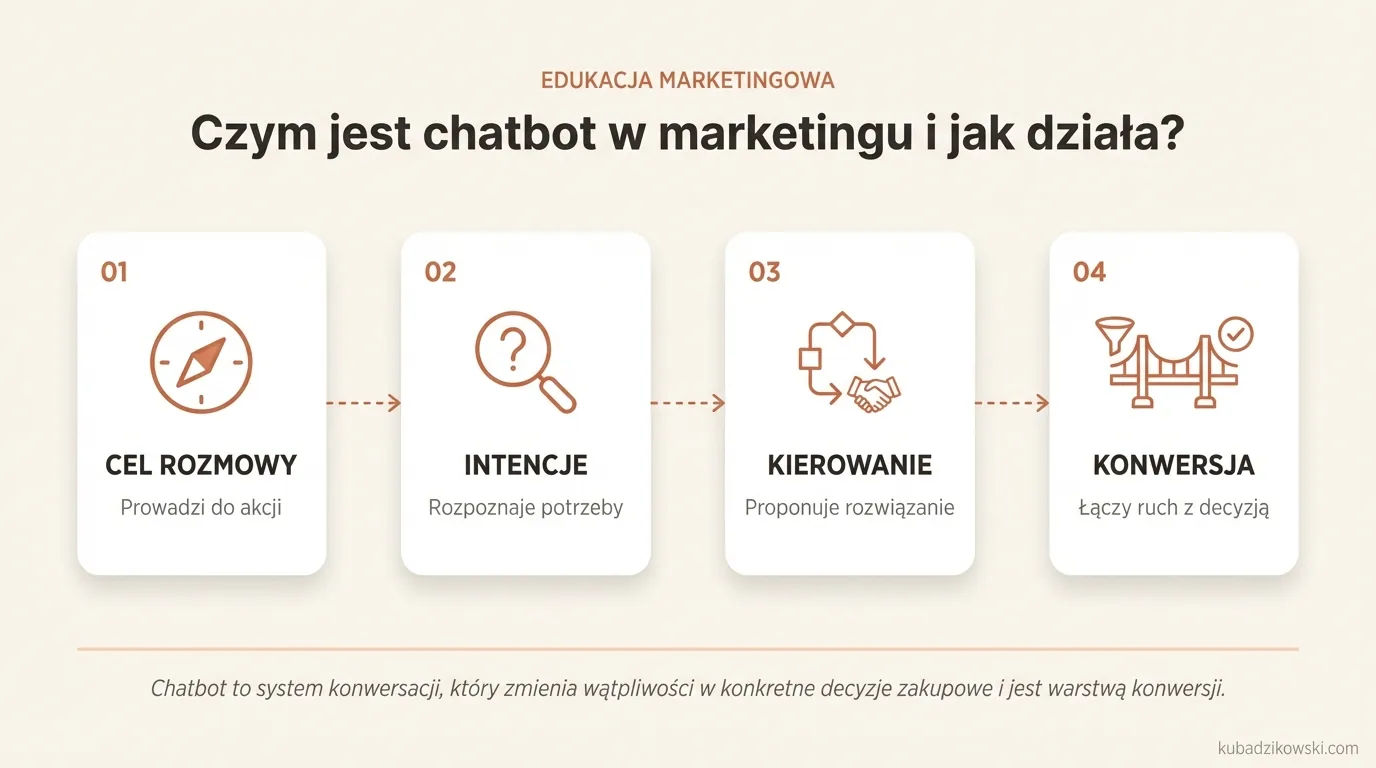 Infografika: Chatbot marketingowy – system konwersacyjny pomagający klientom przejść od pytania do zakupu, kontaktu.