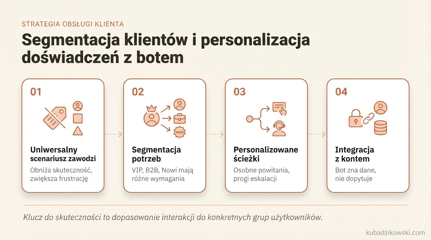 Infografika o segmentacji klientów dla botów: dopasowanie powitań, ścieżek i progów eskalacji dla VIP, B2B, nowych użytkowników.