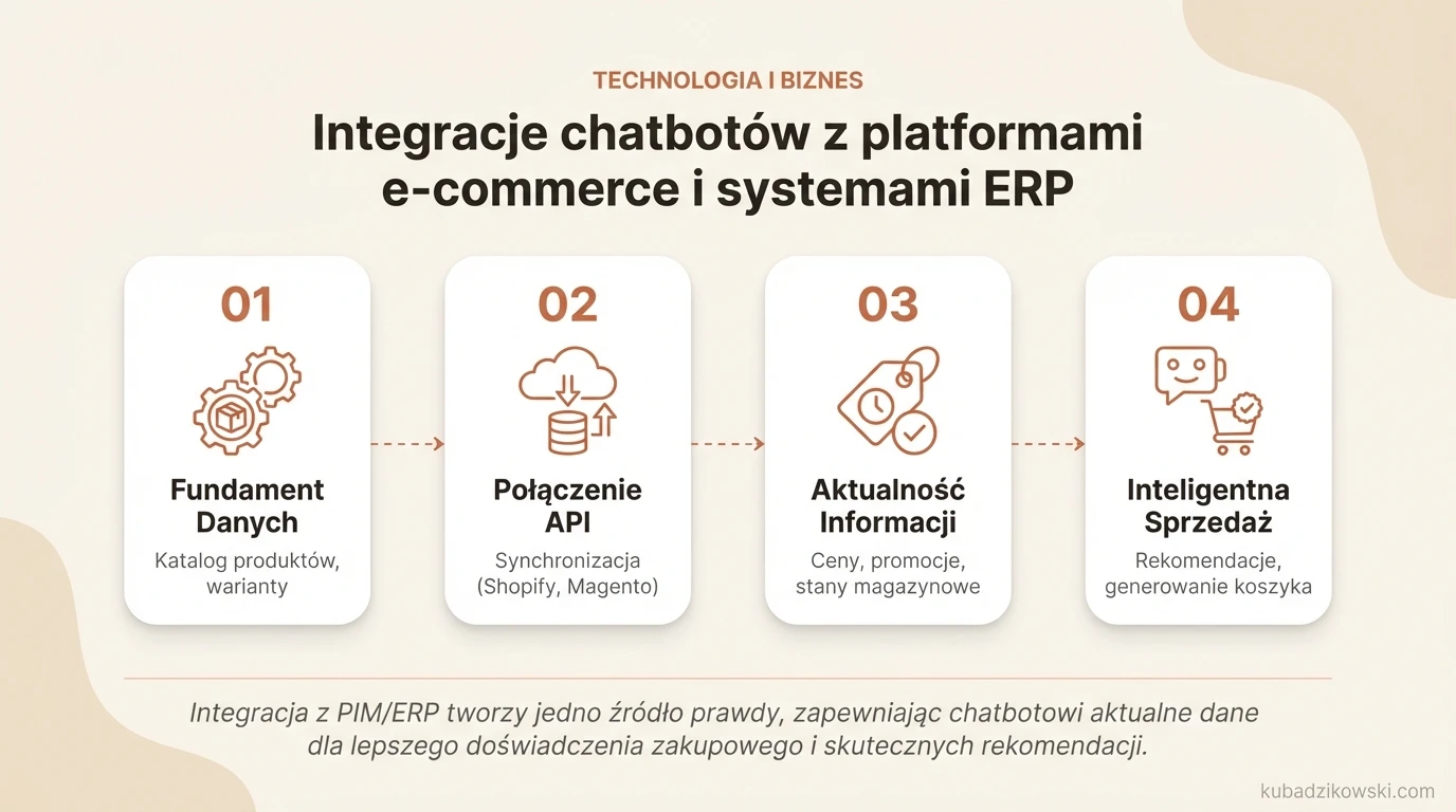 Infografika: integracja chatbota sprzedażowego z e-commerce i ERP, kluczowa dla aktualnych cen, promocji i stanów magazynowych.