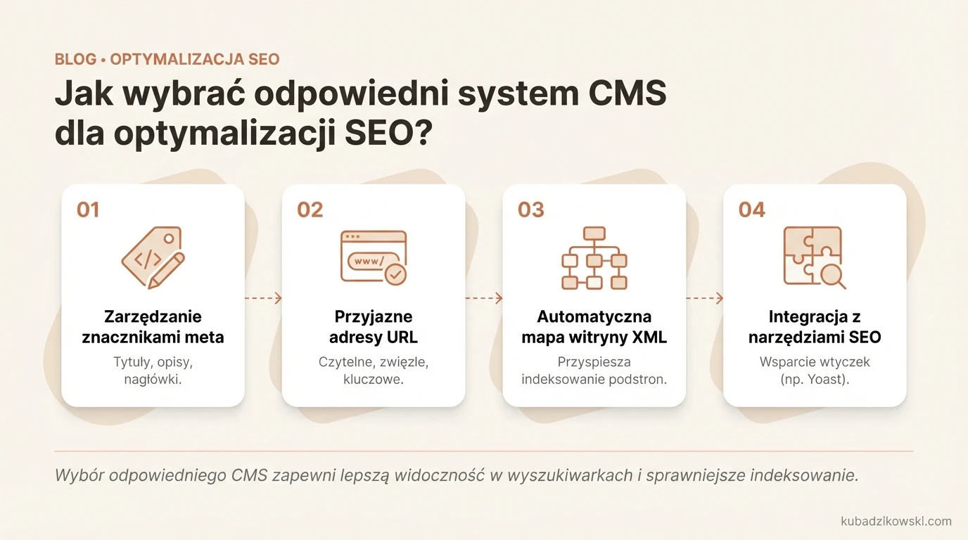 Infografika: jak wybrać CMS pod SEO, uwzględniając zarządzanie meta tagami i inne kluczowe elementy.