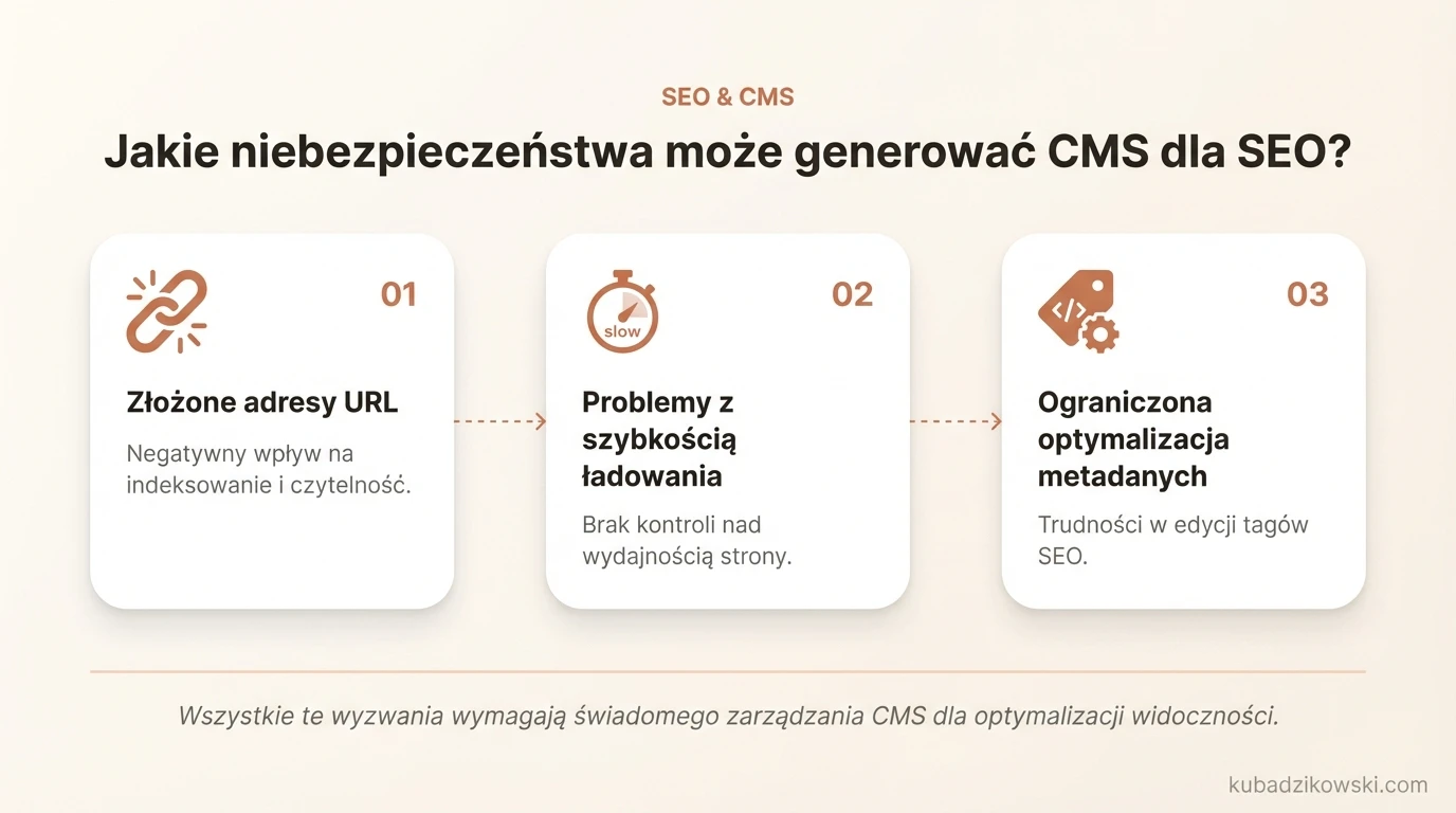 Wizualizacja zagrożeń SEO generowanych przez CMS, pokazująca problemy z edycją adresów URL i wpływ platform.