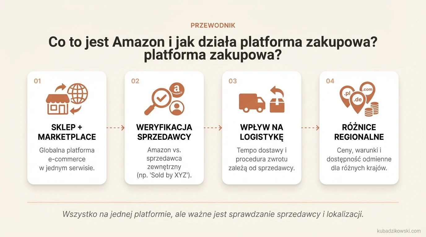 Wizualizacja działania Amazon: połączenie sklepu i marketplace. Wskazuje, jak rozpoznać sprzedawców na karcie produktu.
