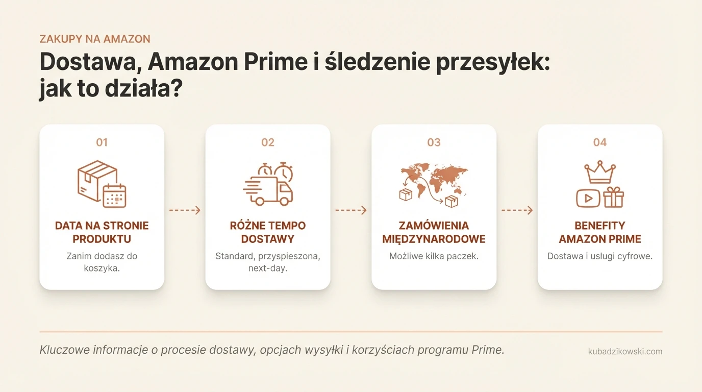 Wizualizacja zasad dostawy Amazon: podgląd daty, opcje prędkości (standardowa, ekspresowa, następnego dnia).