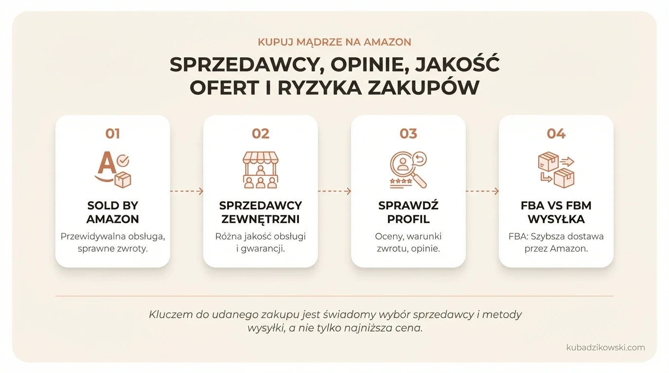 Infografika: Porównanie jakości zakupów na Amazonie u sprzedawców Amazon i zewnętrznych, ryzyka, zwroty.