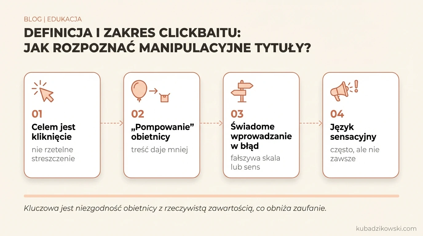 Infografika o clickbaitcie. Pokazuje definicję i cechy manipulacyjnych tytułów, które obiecują więcej niż rzeczywista treść.